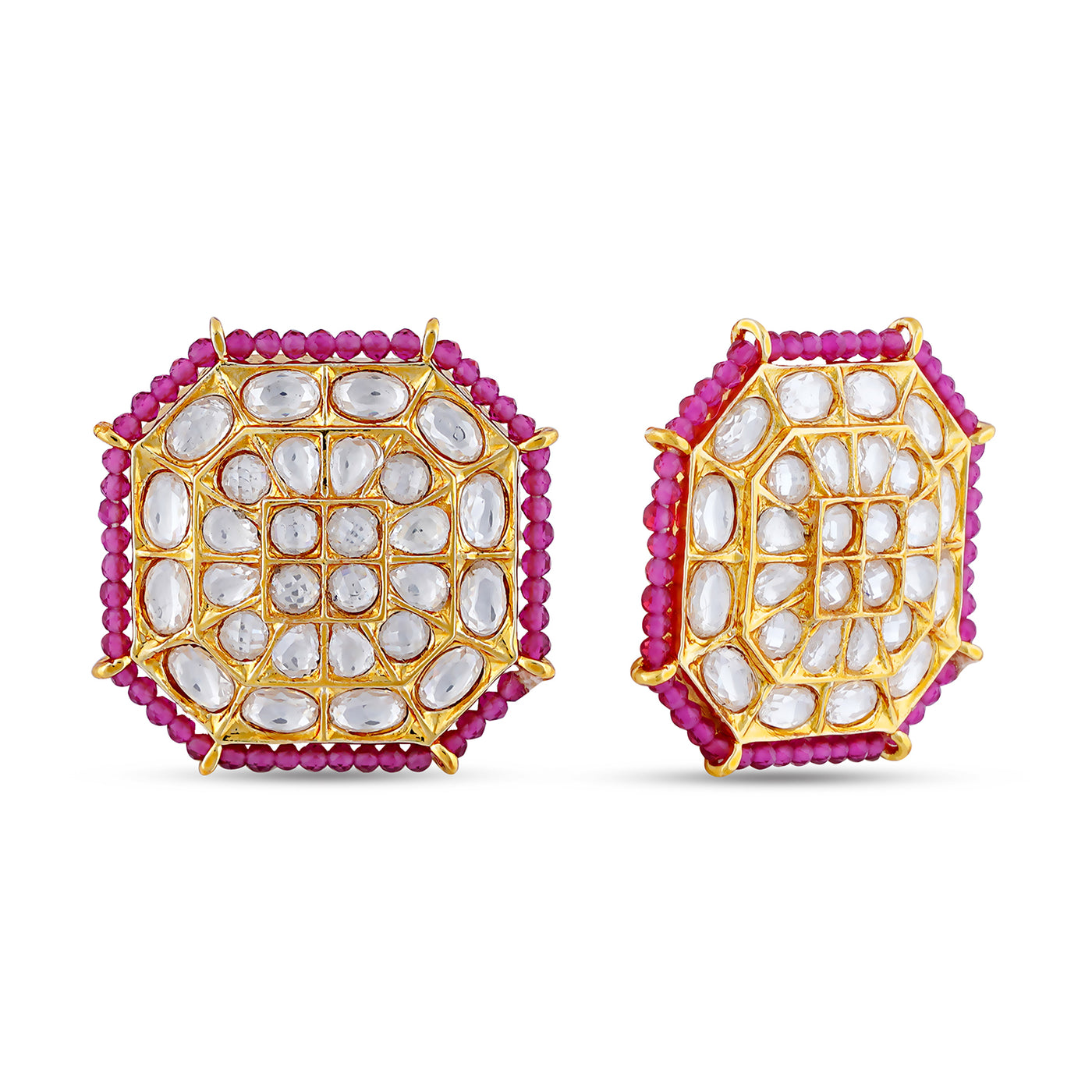 Kundan Pink bead Stud Earrings. Front View and Side View.
