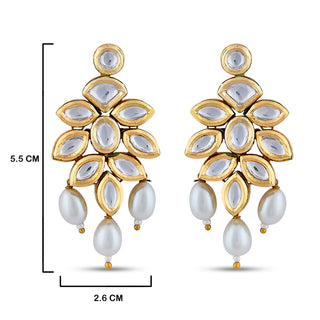 White Drop Kundan Earrings with measurements in cm. 5.5cm by 2.6cm.