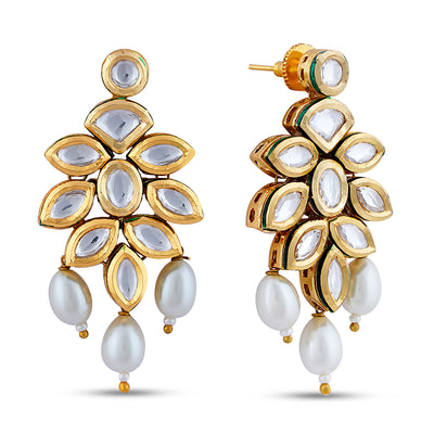 White Drop Kundan Earrings. Front View and Side view showing off meenakari work.