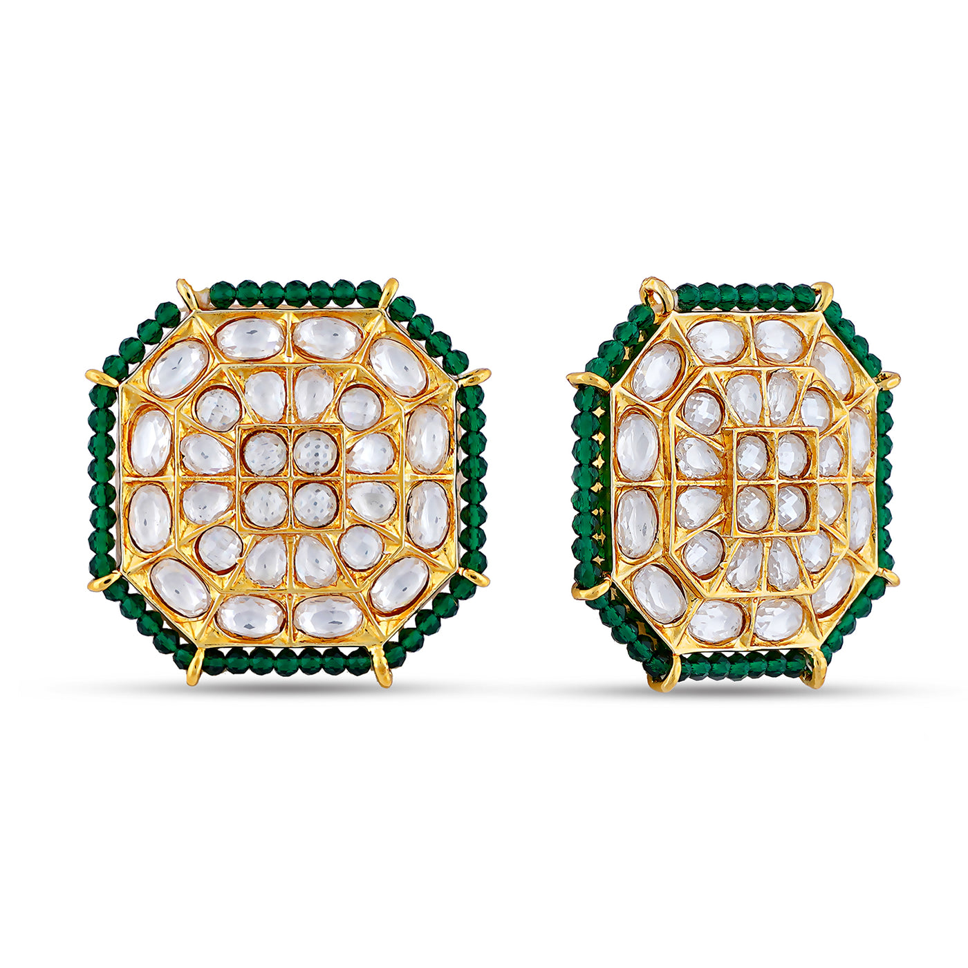 Green Bead Kundan Stud Earrings. Front View and Side View.