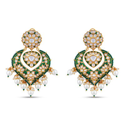 Kundan and Pearl Green Earrings. Front View.