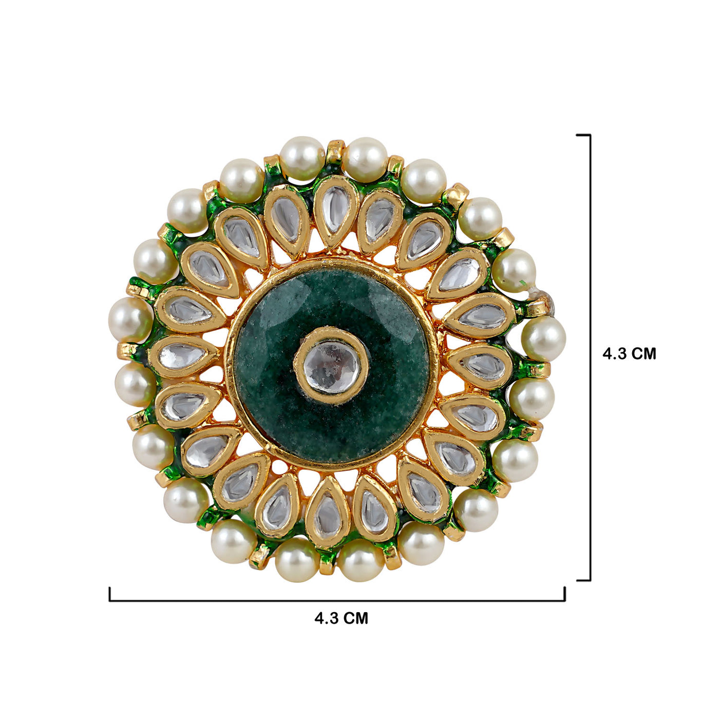 Green Centred Pearl Kundan Ring with measurements in cm. 4.3cm by 4.3cm.