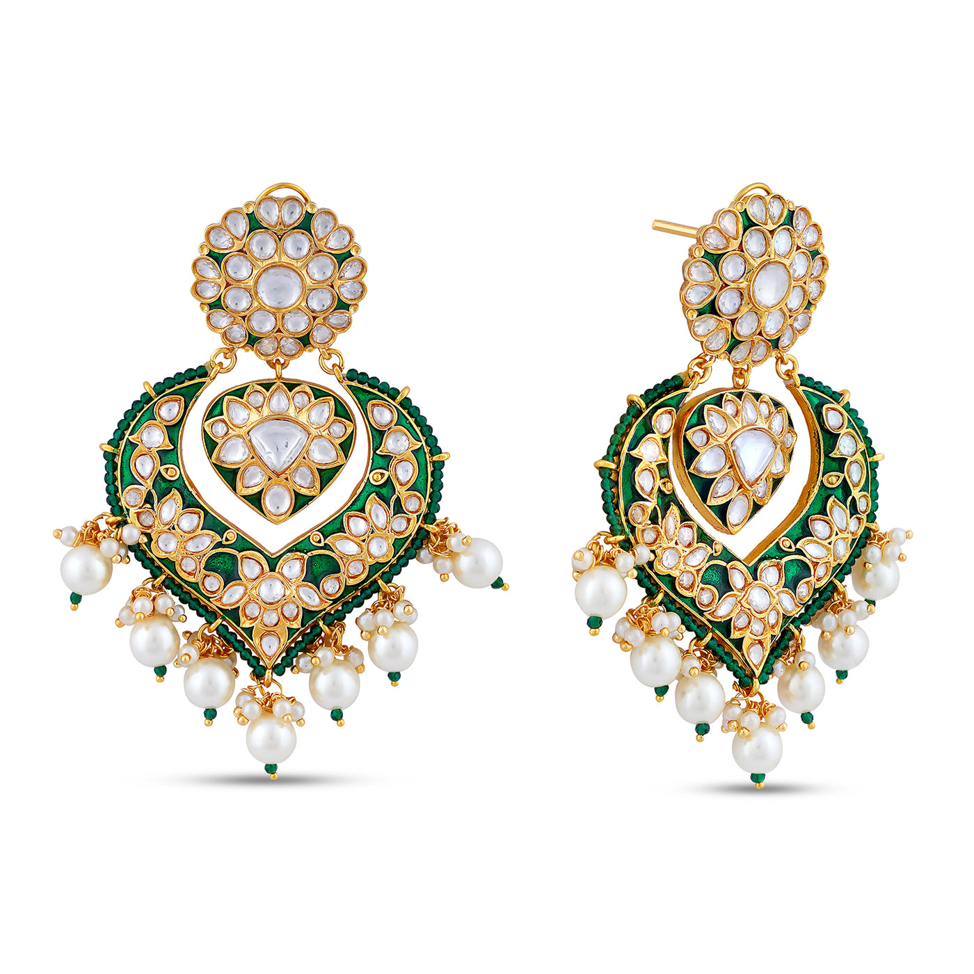 Kundan and Pearl Green Earrings . Front View and Side View showing off meenakari work and pearls.
