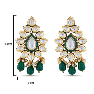 Green Bead Pearl Drop Kundan Earrings with measurements in cm. 5.5 by 3cm.
