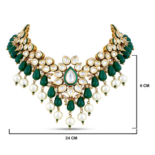 Green Bead Pearl Drop Kundan Choker with measurements in cm. 24 by 6cm.