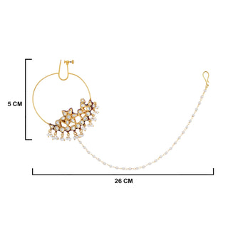 Pearl Chain Kundan Nose Ring with measurements in cm. 5cm by 26cm.
