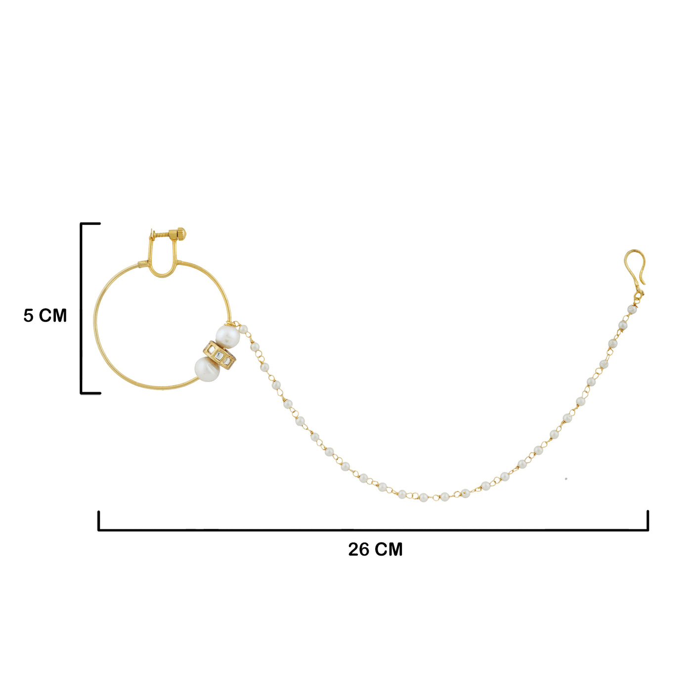 Pearled Kundan Nose Ring with measurements in cm. 5cm Ring. 26cm Chain.