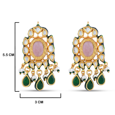 Rose Quartz and Green Drop Kundan Choker Set. Measurements for the earrings in cm. 5.5 by 3cm. 