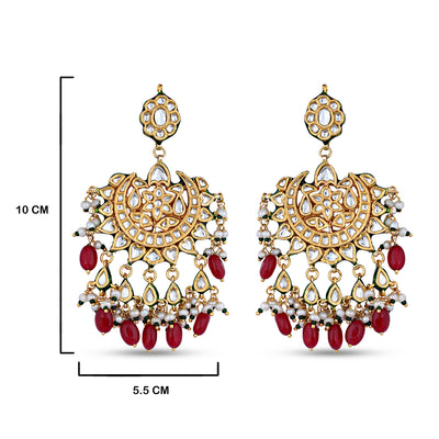 Red Beaded Meenakari Kundan Earrings with measurements in cm. 10cm by 5.5cm.