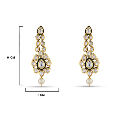 Kundan Polki Crystal Pearled Earrings with measurements in cm. 9cm by 3cm.