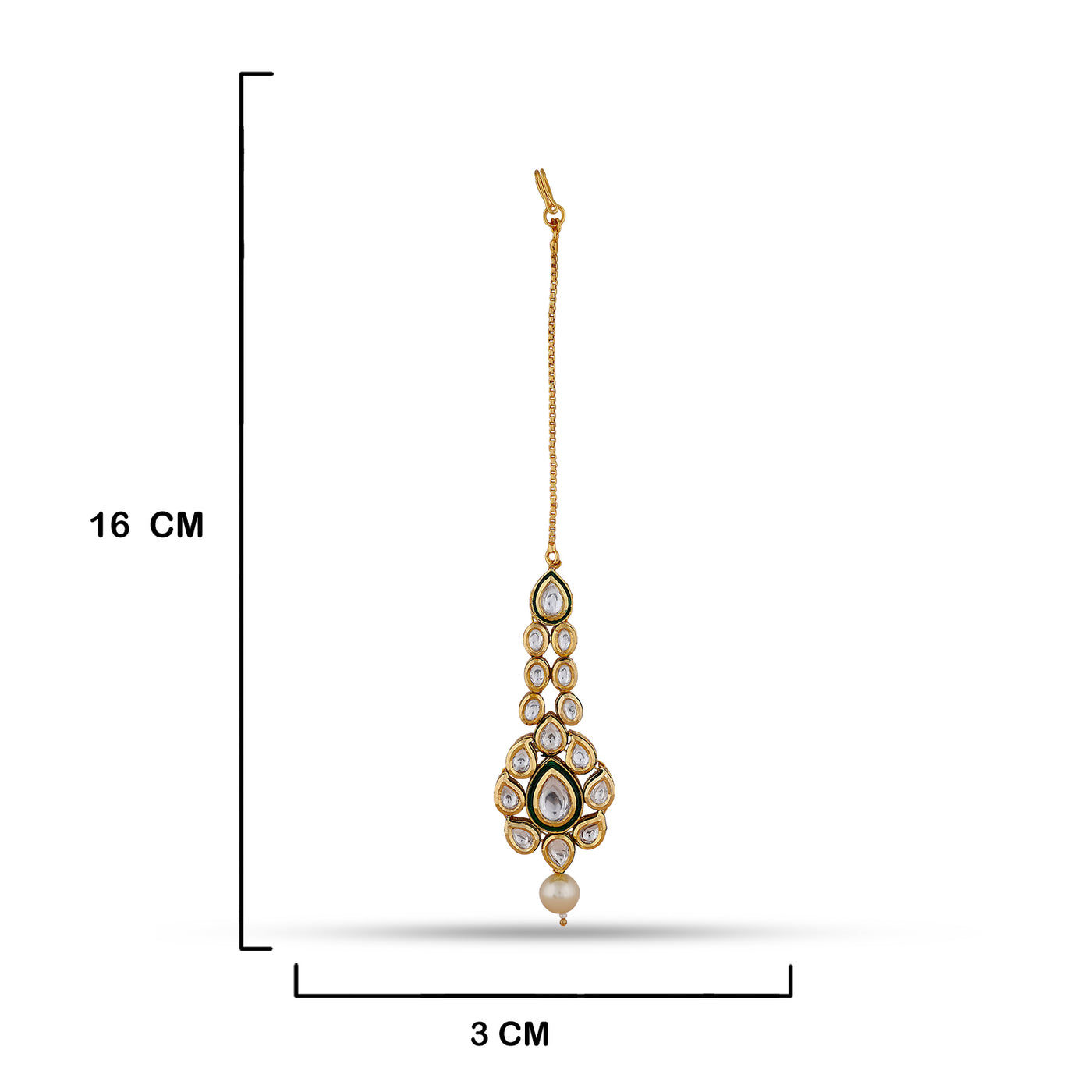 Kundan Polki Crystal Pearled Maang Tikka with measurements in cm. 16cm by 3cm.