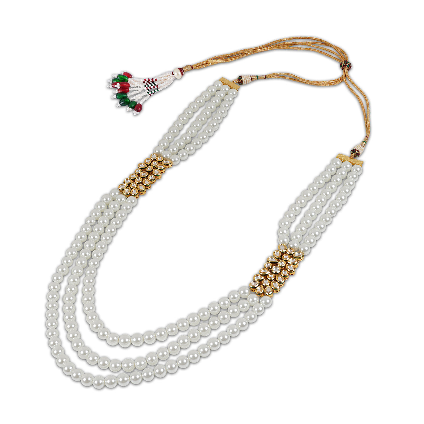  Triple Strand White Pearl Kundan Necklace