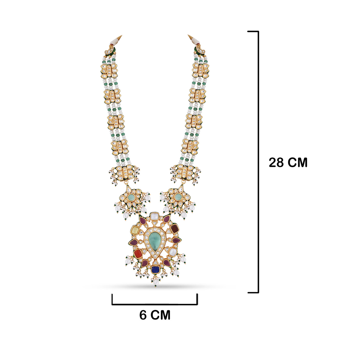 Navaratna Stoneed Kundan Long necklace with measurements in cm. 28cm by 6cm.