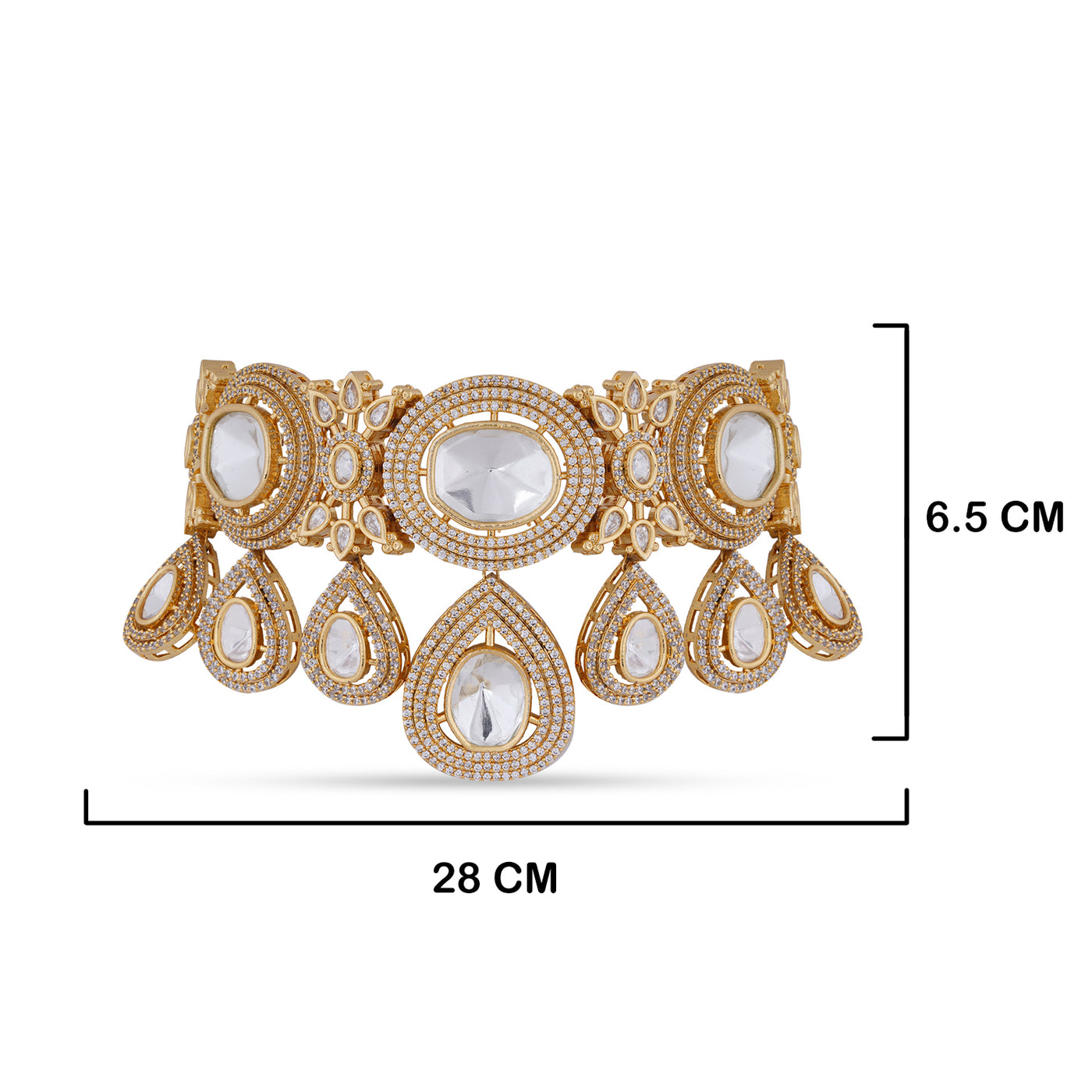 Polki and CZ Kundan Choker with measurements in cm. 6.5cm by 28cm.