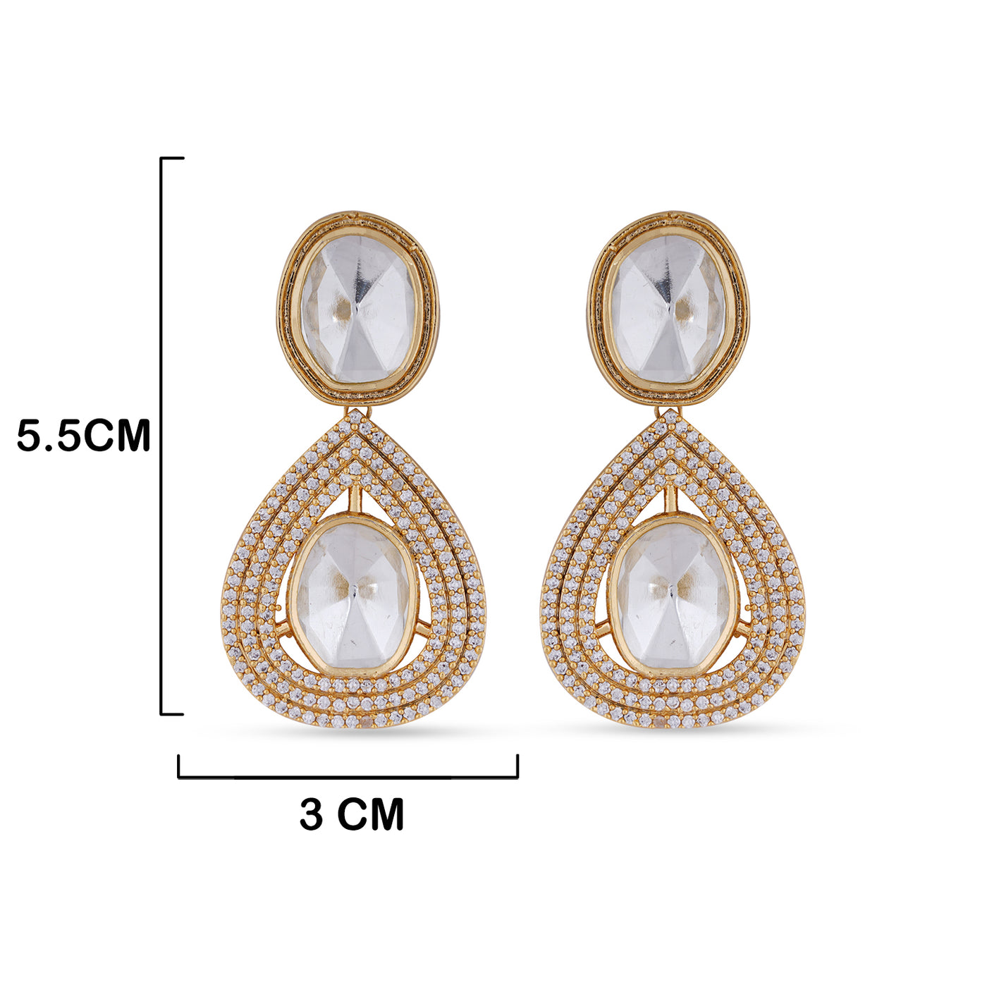 Polki and CZ Kundan Earrings with measurements in cm. 5.5cm by 3cm.