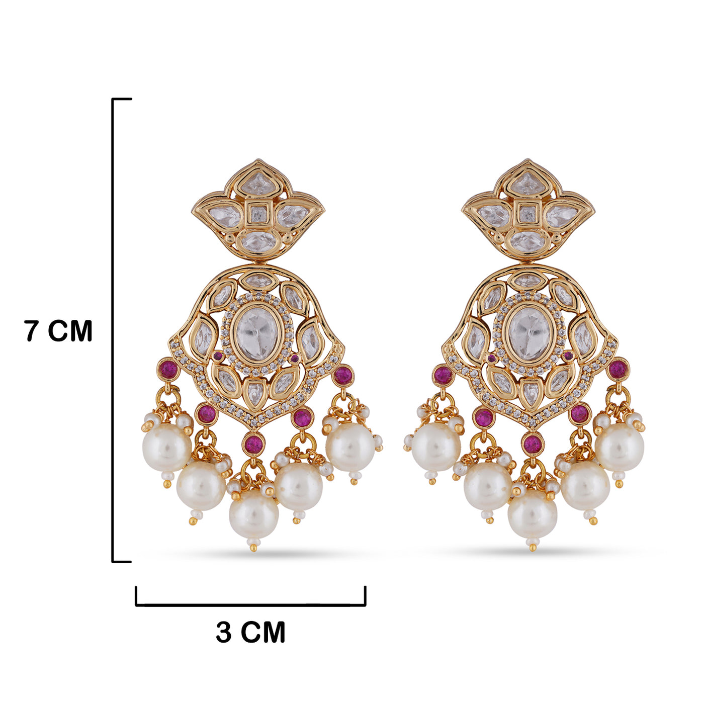 Pearled Kundan Earrings with measurements in cm. 7cm by 3cm.