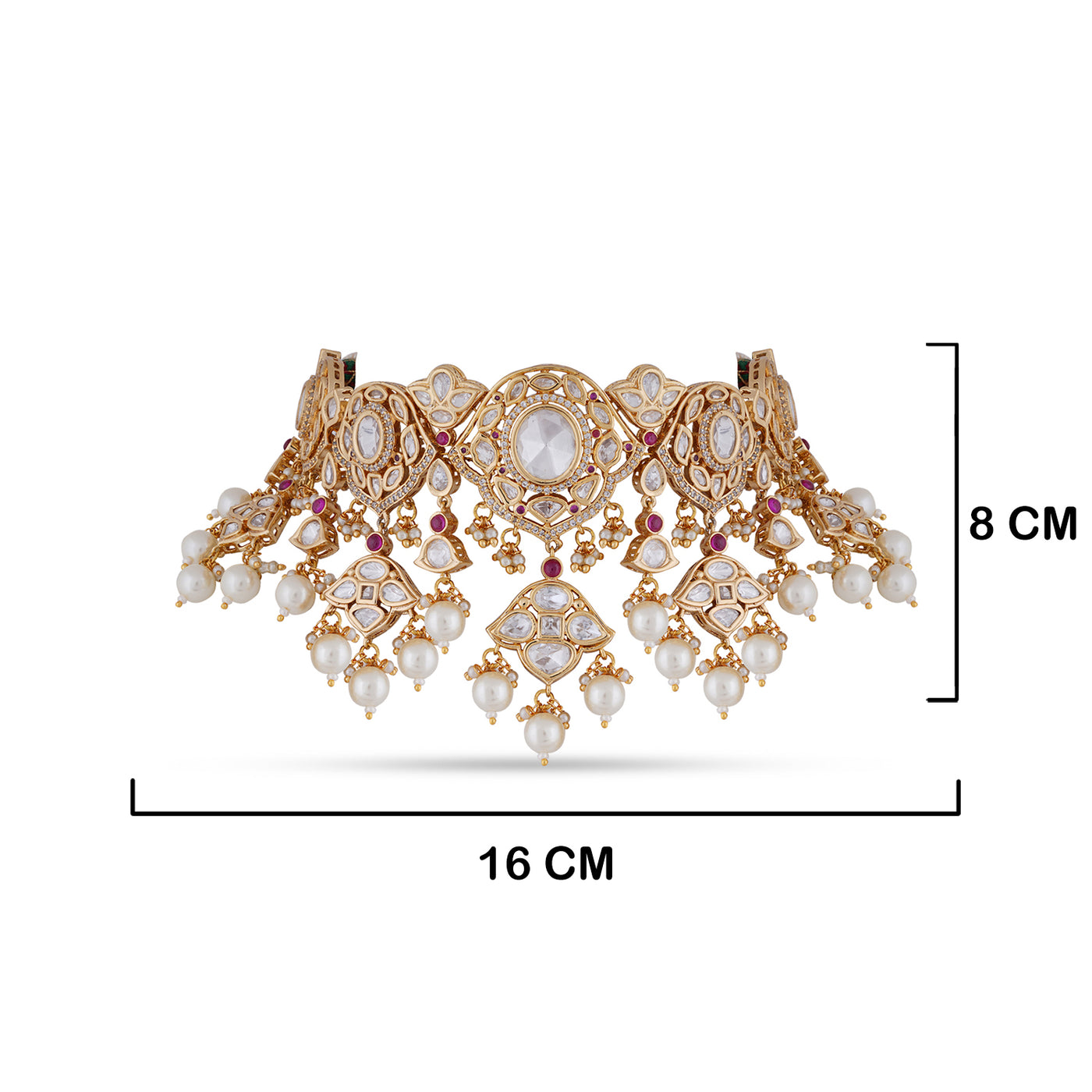 Pearled Kundan Choker with measurements in cm. 8cm by 16cm.