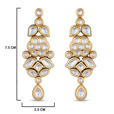 Polki Studded Classic Kundan Earrings with measurements in cm. 7.5cm by 2.5cm.