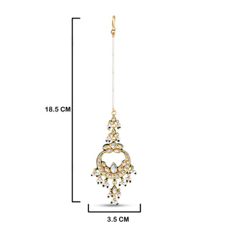  Beaded Pearled Maang Tikka with measurements in cm. 18.5cm by 3.5cm.