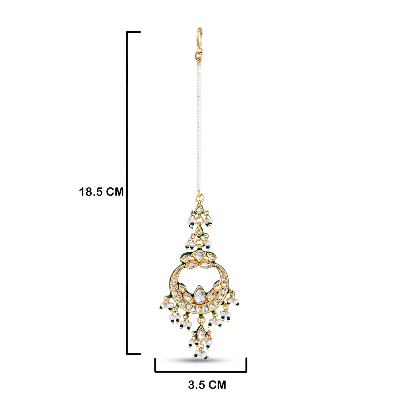  Beaded Pearled Maang Tikka with measurements in cm. 18.5cm by 3.5cm.