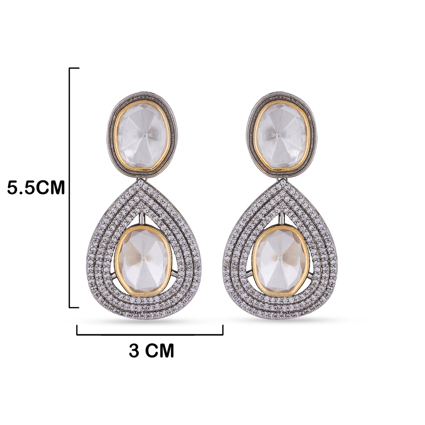 Cubic Zirconia Studded Kundan Earrings with measurements in cm. 5.5cm by 3cm. 