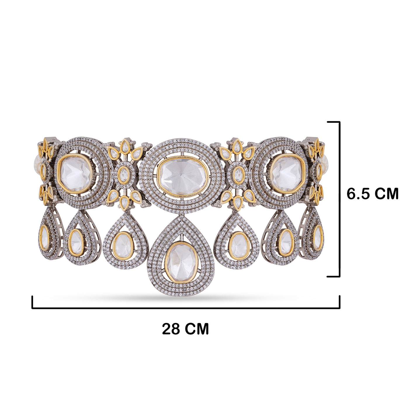 Cubic Zirconia Studded Kundan Choker with measurements in cm. 6.5cm by 28cm.