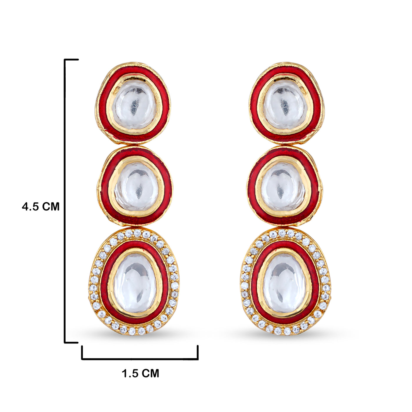Polki Red Kundan Dangle Earrings with measurements in cm. 4.5cm by 1.5cm.