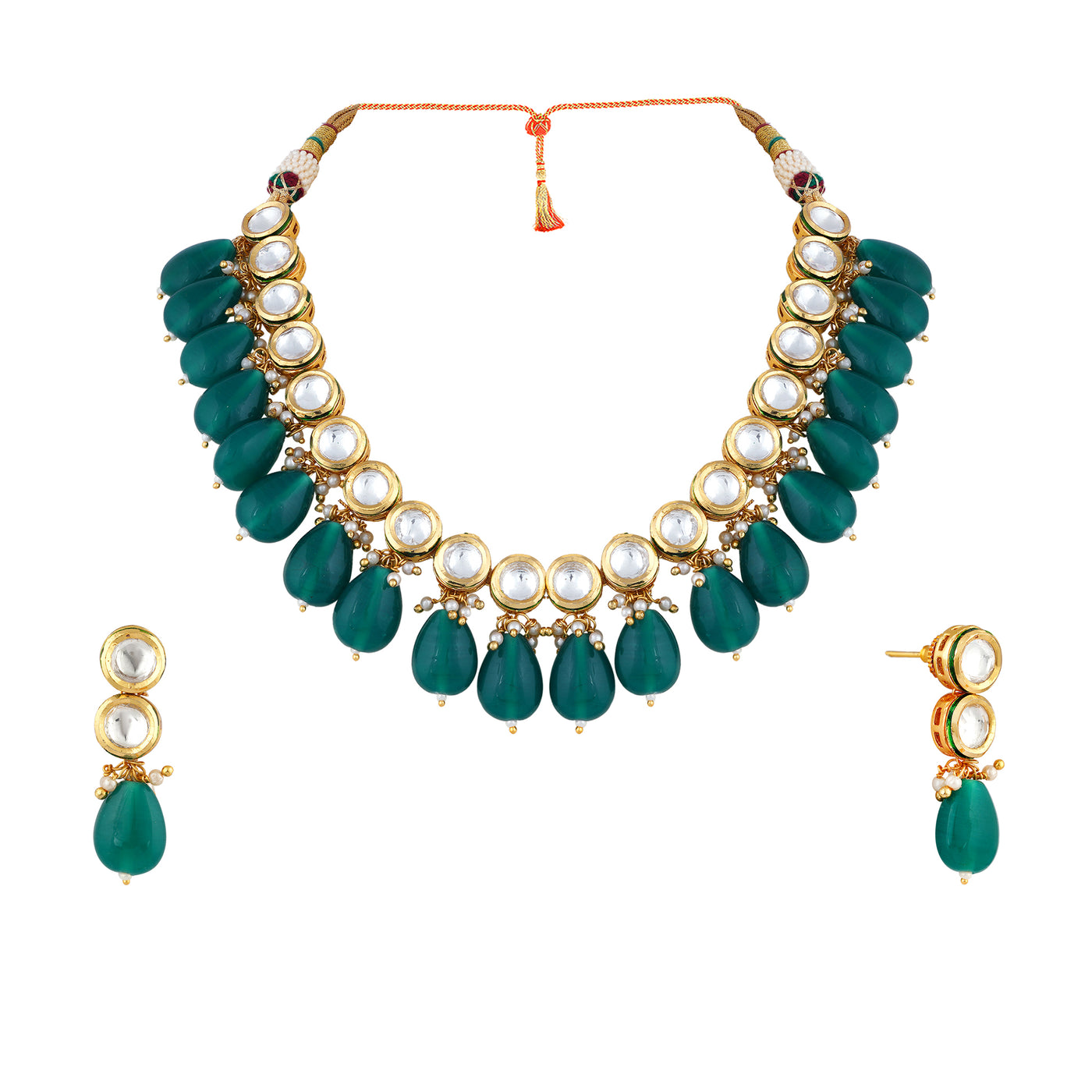 Gold plated simple kundan choker necklace set with matching earrings.