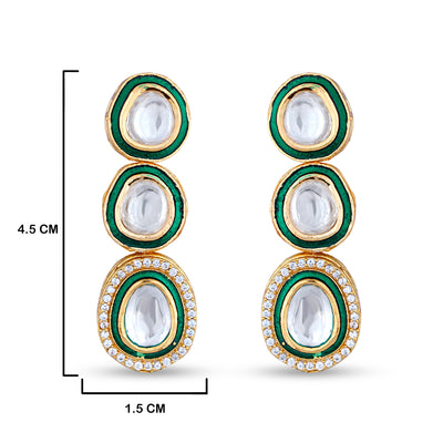 Green Kundan Polki Earrings with measurements in cm. 4.5 by 1.5cm.