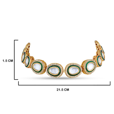 Green Kundan Polki Choker Set with measurements in cm. 1.5cm by 21.5cm.