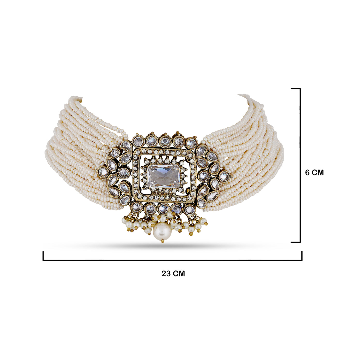  White Stoned Kundan Choker with measurements in cm. 23cm by 6cm.