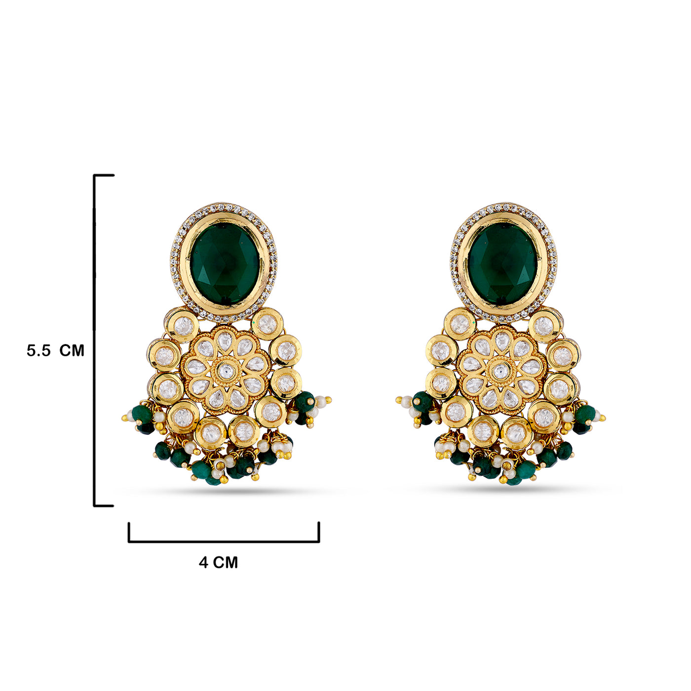 Green Centred Kundan Earrings with measurements in cm. 5.5cm by 4cm.