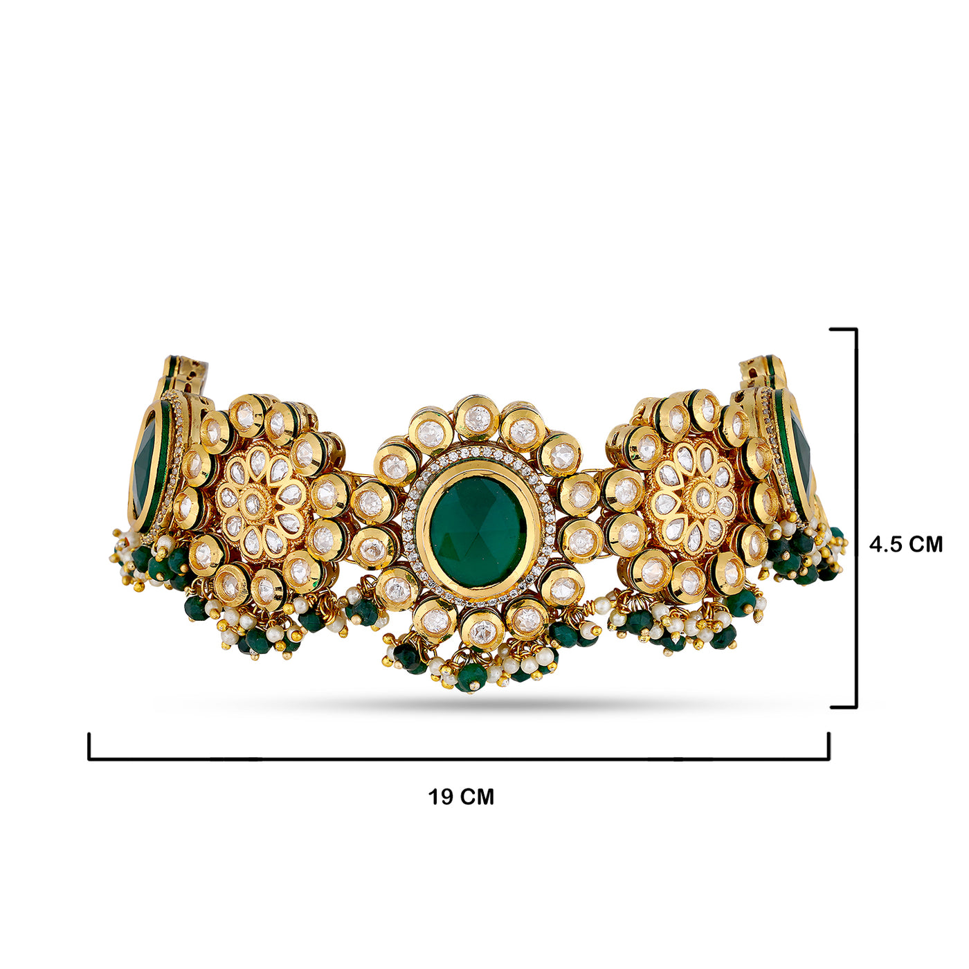 Green Centred Kundan Choker with measurements in cm. 19cm by 4.5cm.