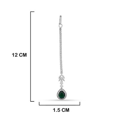 Dark Green Stoned American Diamond Maang Tikka with measurements in cm. 12cm by 1.5cm.