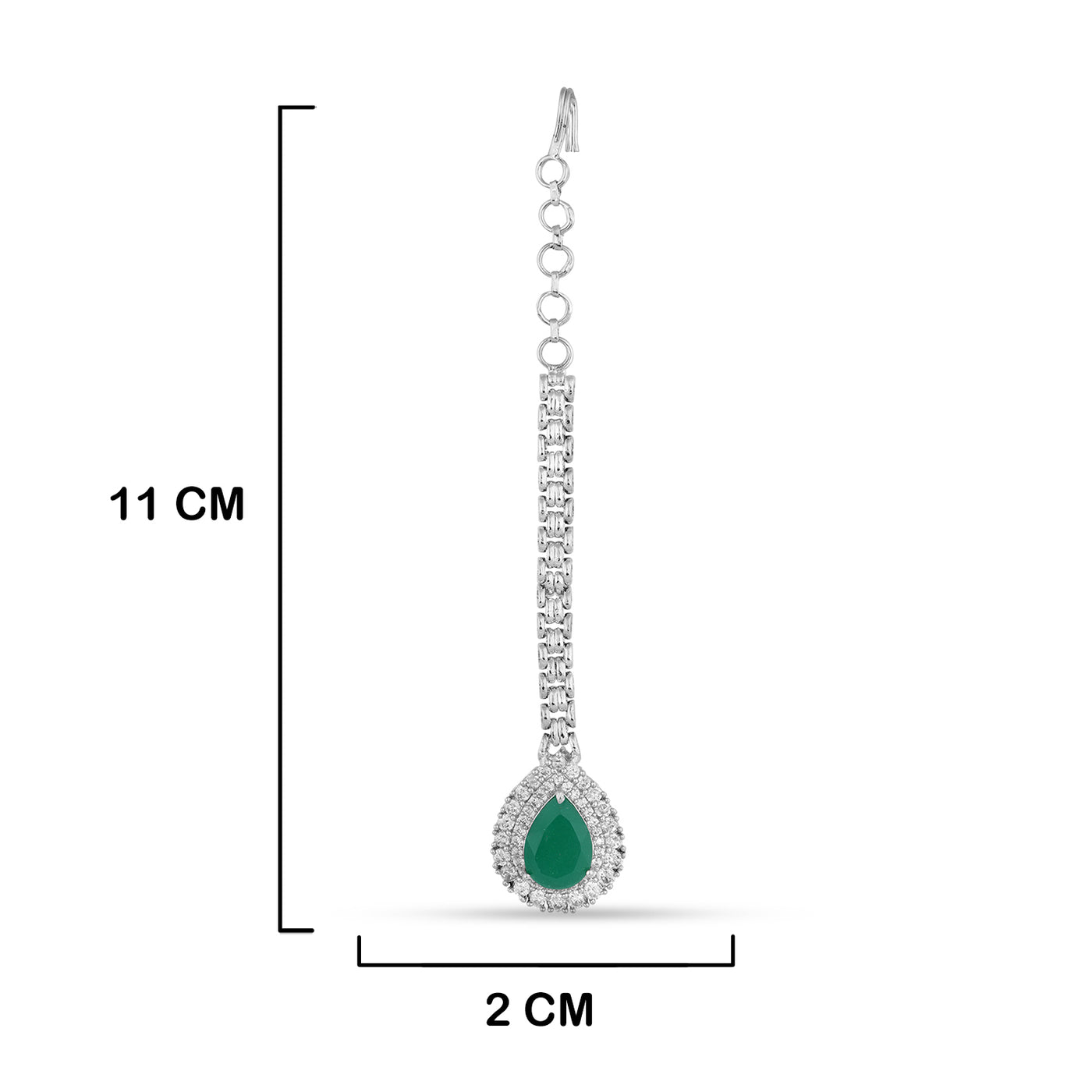 CZ Green Tear Drop Stoned Maang Tikka with measurements in cm. 11cm by 2cm.