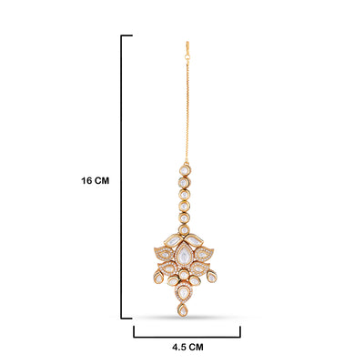 Classic Kundan Studded Maang Tikka with measurements in cm. 16cm by 4.5cm.