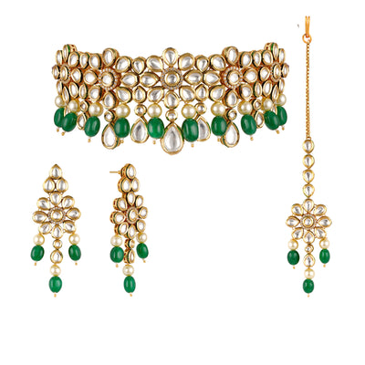 Gold plated kundan choker set with faux pearl and green drops