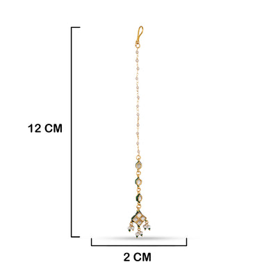 Kundan and Bead Maang Tikka with measurements in cm. 12cm by 2cm.