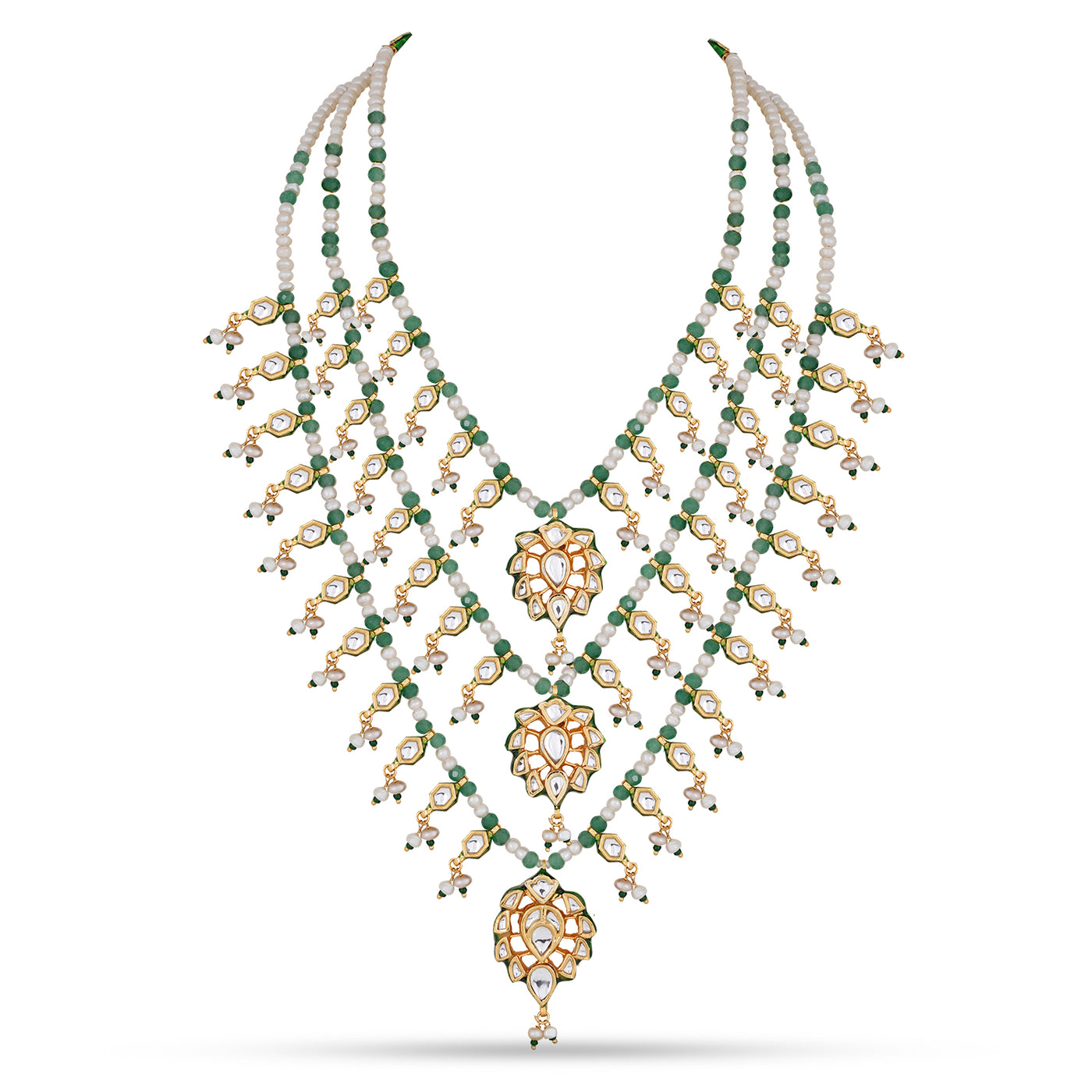 Triple Strand Kundan Drop Green Bead Necklace