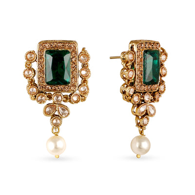 Kundan Green Stone Pearl Earrings