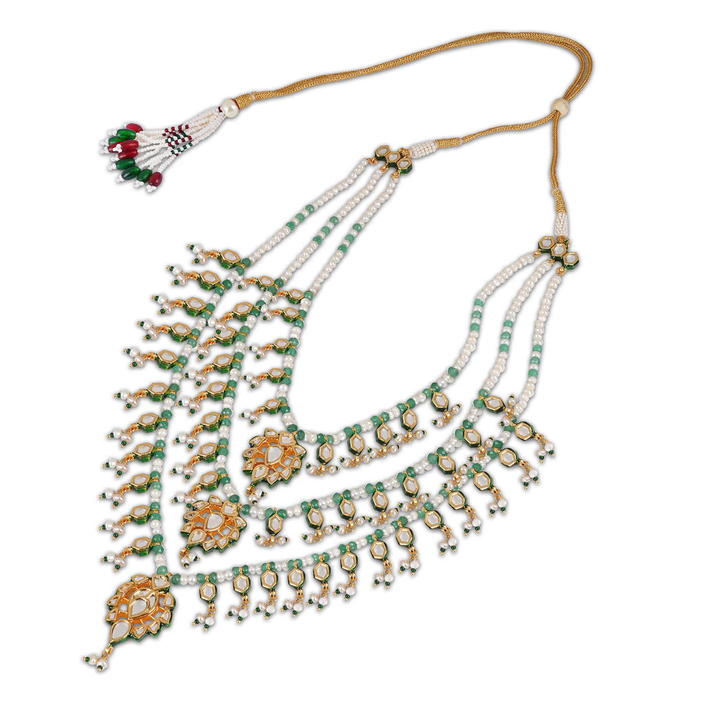 Triple Strand Kundan Drop Green Bead Necklace