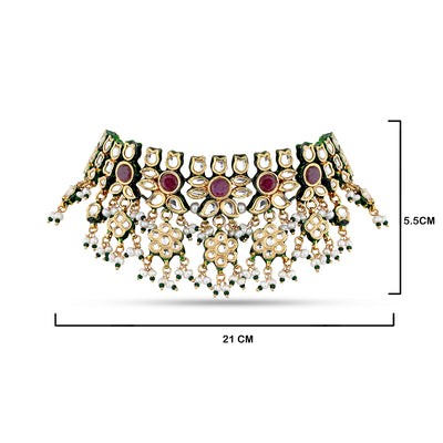 Red Stone Centred Meenakari Choker with measurements in cm. 21cm by 5.5cm.