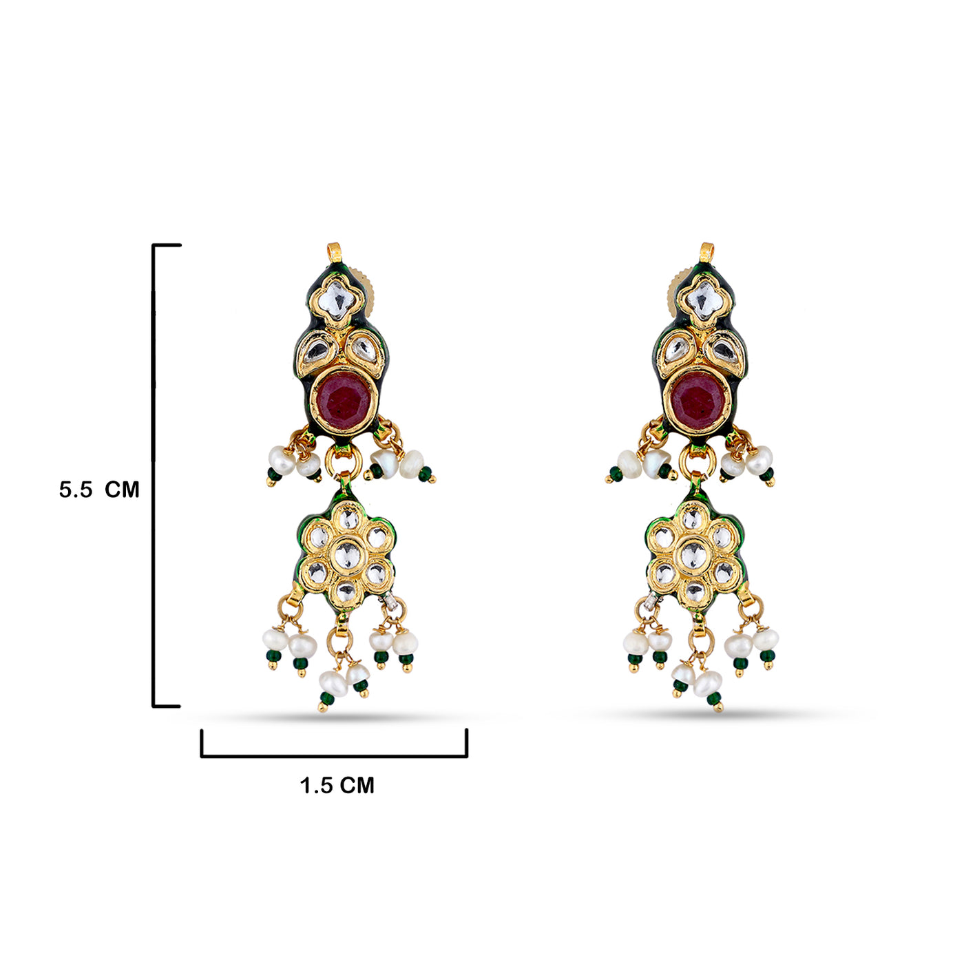 Red Stone Centred Meenakari Earrings with measurements in mc. 5.5cm by 1.5cm.