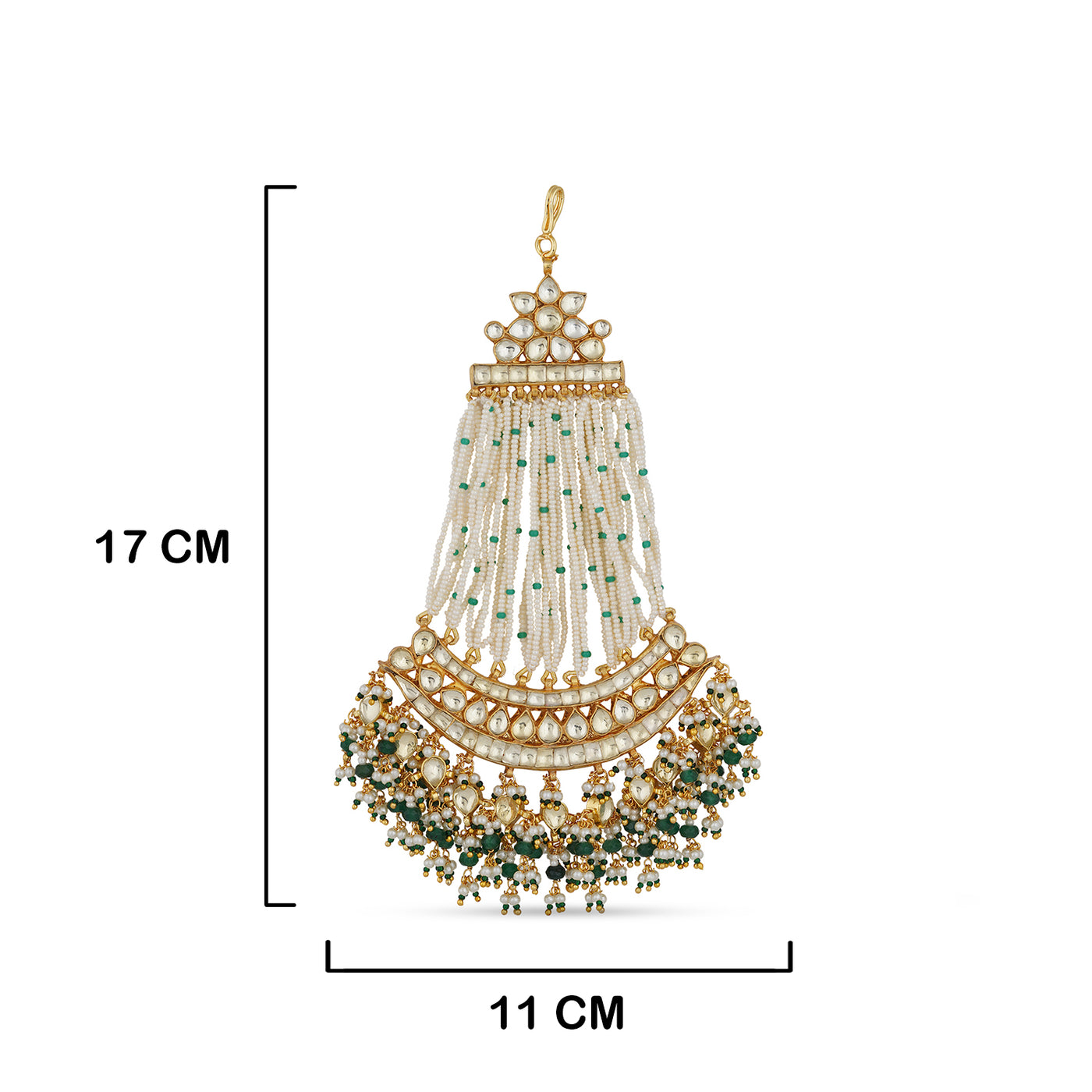 Green Bead Kundan Jhumar with measurements in cm. 17cm by 11cm.