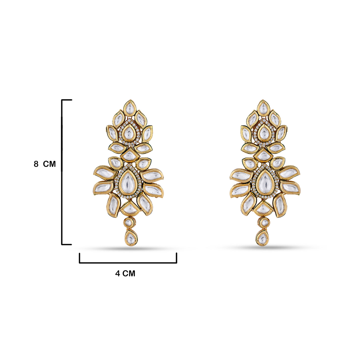Kundan Studded Earrings with measurements in cm. 8cm by 4cm.