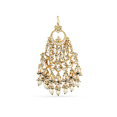 Gold plated statement jhumar with faux pearls.