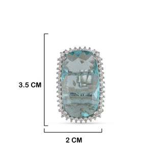 Aqua Blue CZ Ring with measurements in cm. 3.5cm by 2cm.
