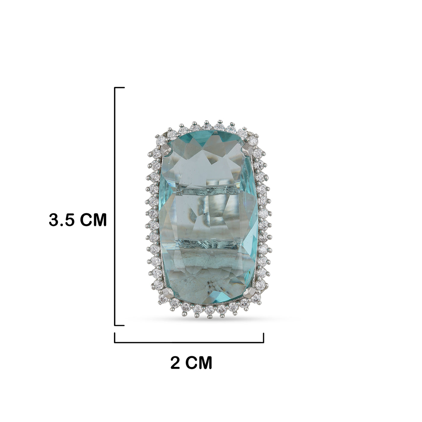 Aqua Blue CZ Ring with measurements in cm. 3.5cm by 2cm.