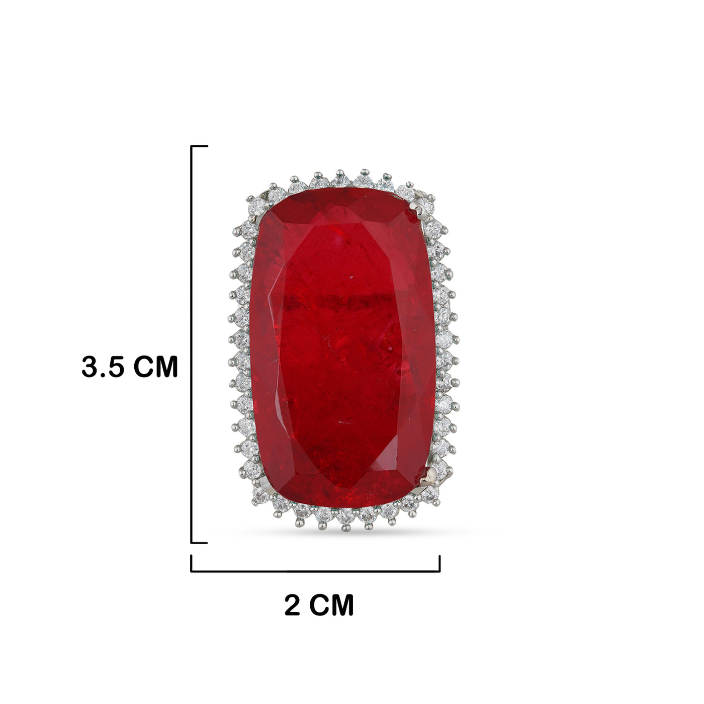 American Diamond Red Stoned Ring with measurements in cm. 3.5cm by 2cm.