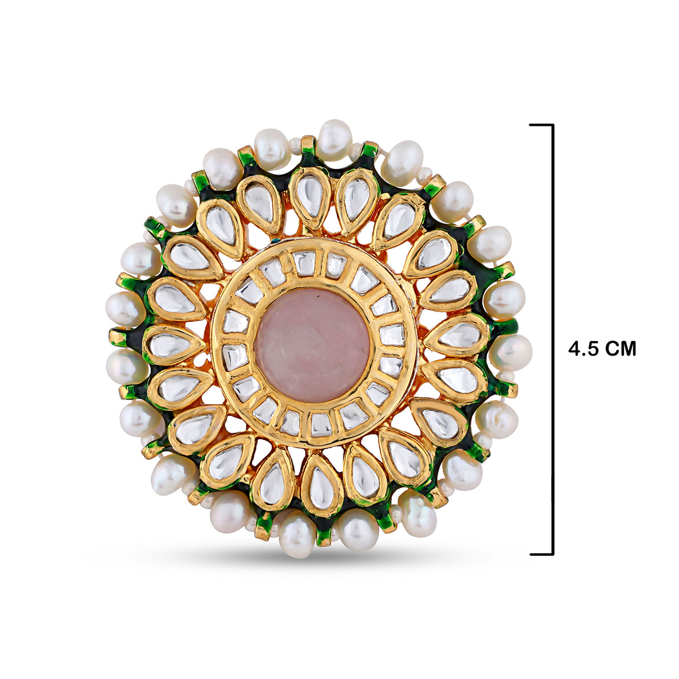 Pink Centred Pearled Kundan Ring with measurements in cm. 4.5cm.